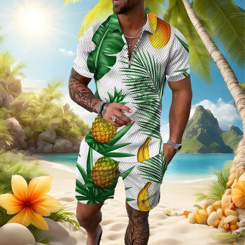 

Summer Tropical Fruit 3D Print Men's Zipper Collar Tracksuit Trend Polo Shirt Fashion Shorts 2pcs Sets Men's Streetwear Set