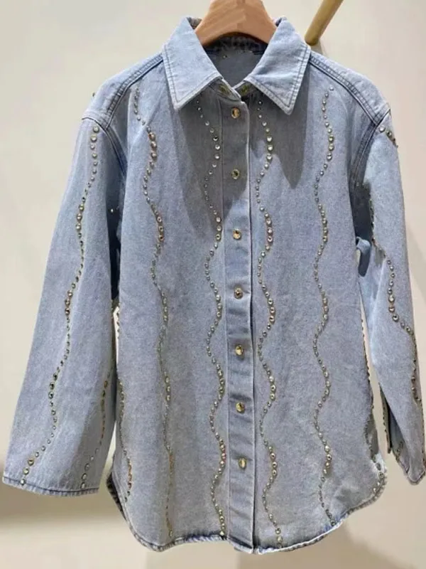 

Heavy Du Rhinestone Decorated Loose Jeans Jaet Wide Leg Pants Versatile Classic Sle Long Sve Cotton irt for Women