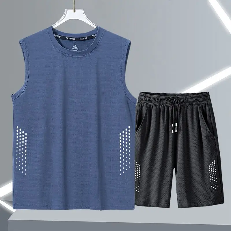 

Men's Thin Style Ice Silk Cool Feeling Vest Shorts Breathable Quick Dry Mesh Summer 2 Piece Set