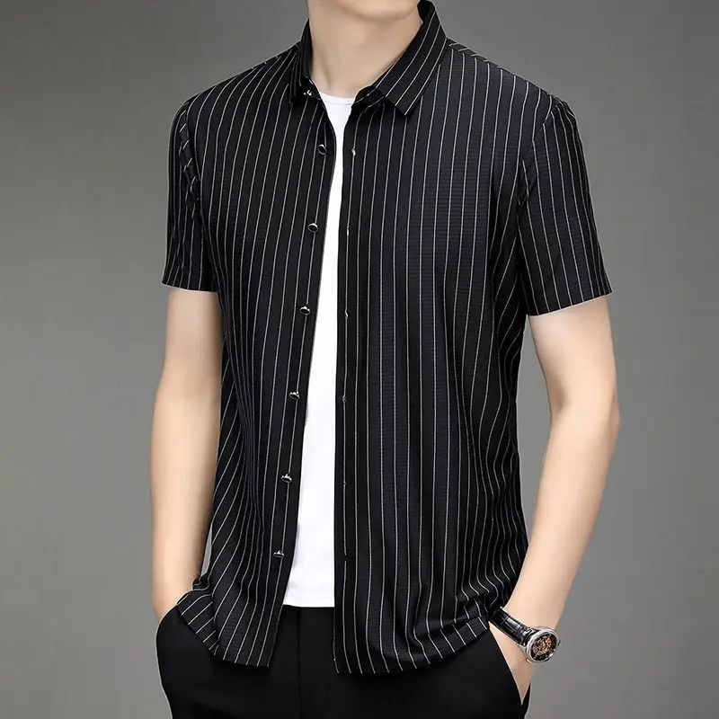 

Men's Summer Ice Silk Short Sleeve Shirt Business Casual Striped Button Down Wrinkle Free Breathable Top for Middle Aged