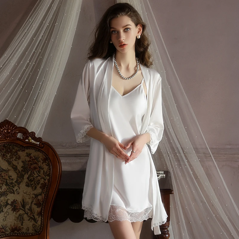 

Women's Sexy Seduction Lingerie Set with Built-in Bra Sweet Lace Pure Desire Satin Nightgown & Robe Loungewear