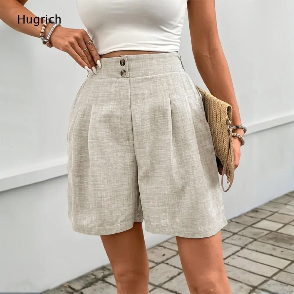 Casual Light Grey Bermuda Shorts High Rise Waist Two Metal Buttons Front Pleat Pocket Loose Straight Leg Summer Daily Outfit