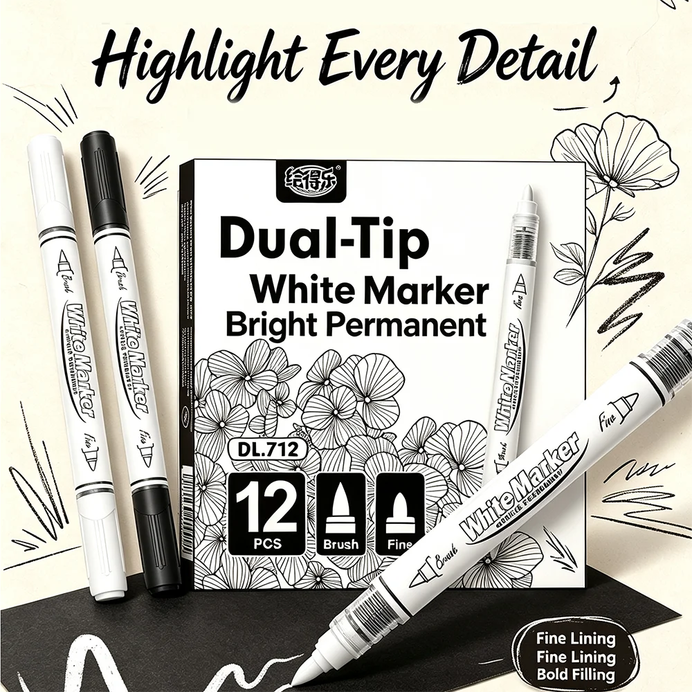 12Pcs Black/White Acrylic Paint Markers Double Tips Large Capacity Ink, for Rock Stone Painting Card‑Making DIY Art Crafts