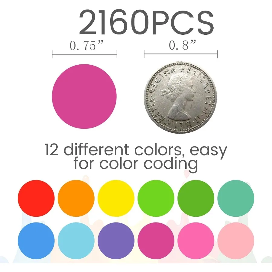 2160 قطعة ملصقات نقطة 3/4 بوصة ملصقات ترميز ملونة ملصقات نقطة مستديرة 12 لون ملصقات للتسمية دائرة البولكا للفصول الدراسية لمرحلة ما قبل المدرسة #5