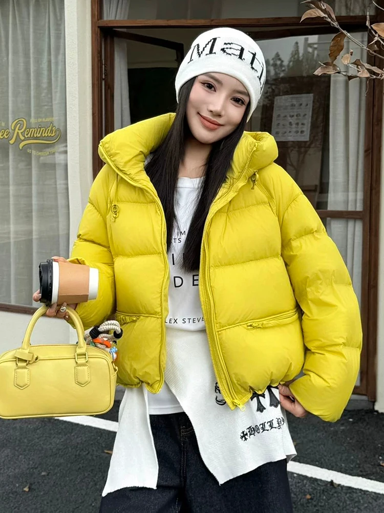 Winter Short Hooded Drawstring Down Jacket Female Puff Fluffy Zipper Jacket Women White Duck Down Waterproof Thick Warm Outwears