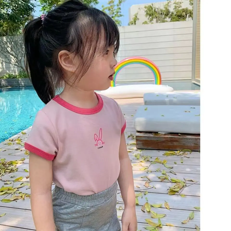 Candy Colored Short Sleeved T-shirt Girls Versatile and Stylish Cartoon Ice Silk Short Sleeves 3-8 Years Old Children Summer Top