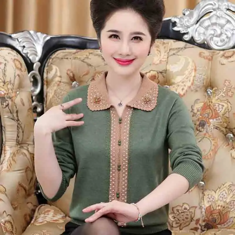 Women's Spring And Autumn Top Casual Loose Sweater Solid Color Long Sleeves Autumn Women's Diamond Knitted Lapel