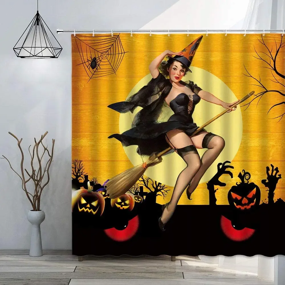 Sexy Witch Shower Curtain Cool Halloween Ghost Eyes Pumpkin Retro Pin Up Girl Body Art Decor Yellow Fabric Bathroom with Hooks