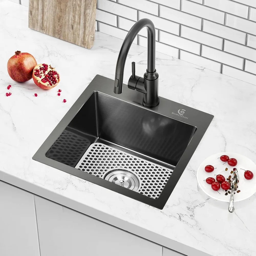 

17 x 15 inch drop in kitchen sink top mount bar sink 16 gauge stainless steel single bowl workstation with sink protector (black