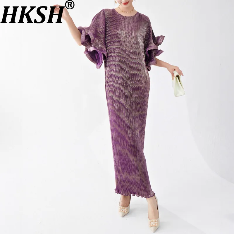 HKSH Women Long Dress Flared Sleeve Ruffled O-neck Pleated Oversized Slimming Elegant Casual Ins Dresses New Summer 2026 HK20890