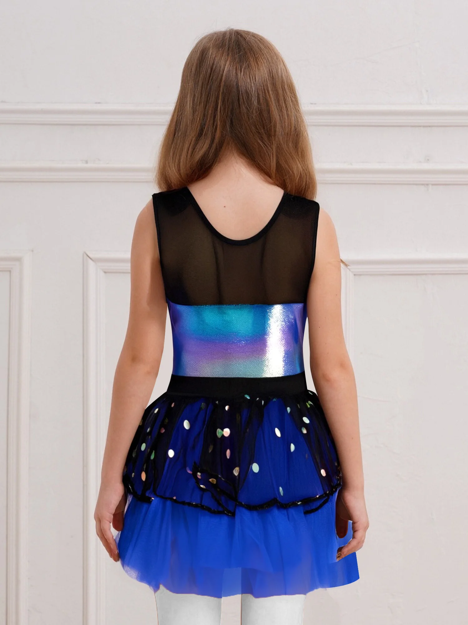 Vestido tutú de Ballet con corpiño metálico de malla transparente sin mangas para niña y niño con tocado para fiesta de baile puesta en escena