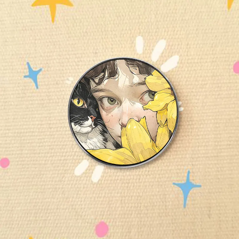 Boy Sunflower And Black Cat UV Printing Badge Art Painting Cat Pin Aesthetic Animal Metal Brooch Gift For Art Lovers