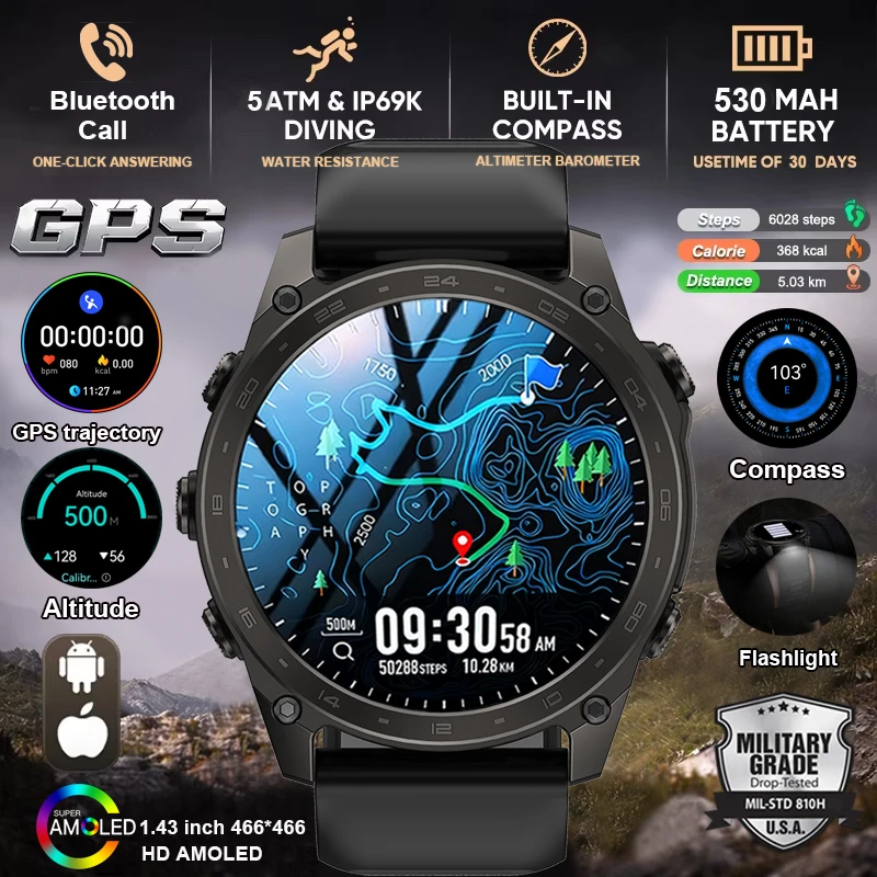 

New Outdoor Sports Smart Watch 1.43” Amoled Screen BT Call LED Flashlight Compass Altitude GPS track Tracker Smartwatch 2026