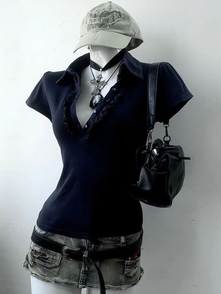 

Original Retro Y2K Bla Collared T-irt Slimming Summer New Sle Casual Cotton Blend ort Sve Women's Top