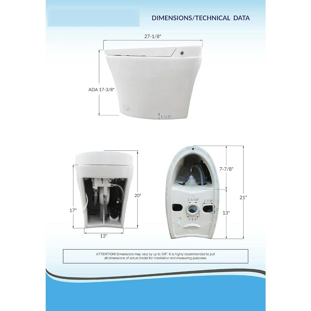 Smart Bidet Toilet, Foot Sensor Operation and Heated Seat with Integrated Multi Function Remote Control, Toilet Smart