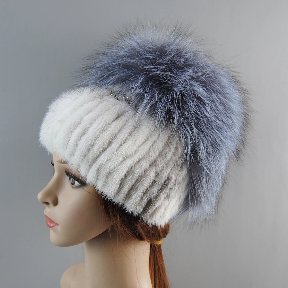 Hot Fashion high quality Real Mink Fox Hat Winter Warm Women Knitting Caps Mink Hats Vertical Weaving With FOX Fur On The Top