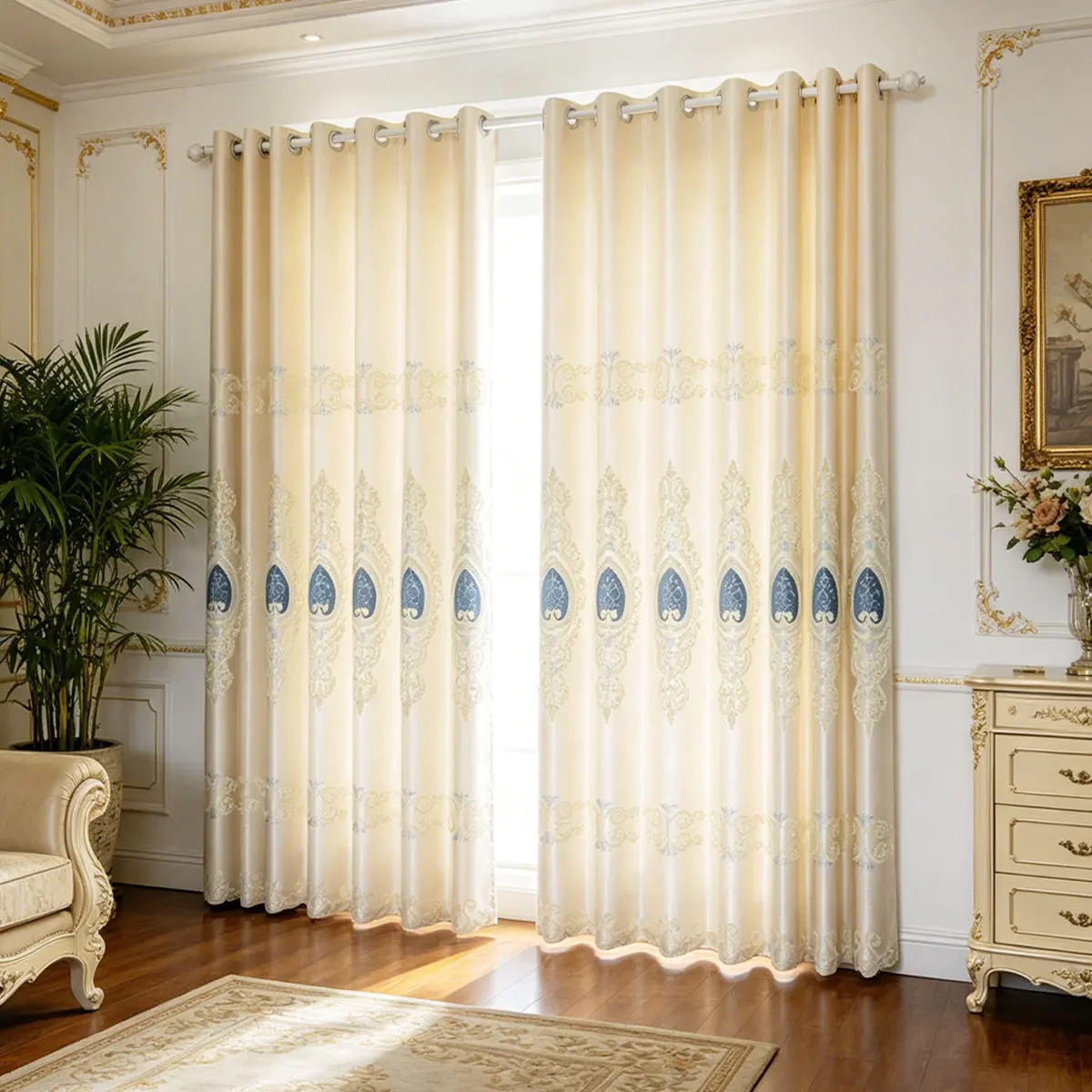 2P Cream Embroidered Blackout Curtains, Grommet European Geometric Floral Drapes for Living Room Bedroom