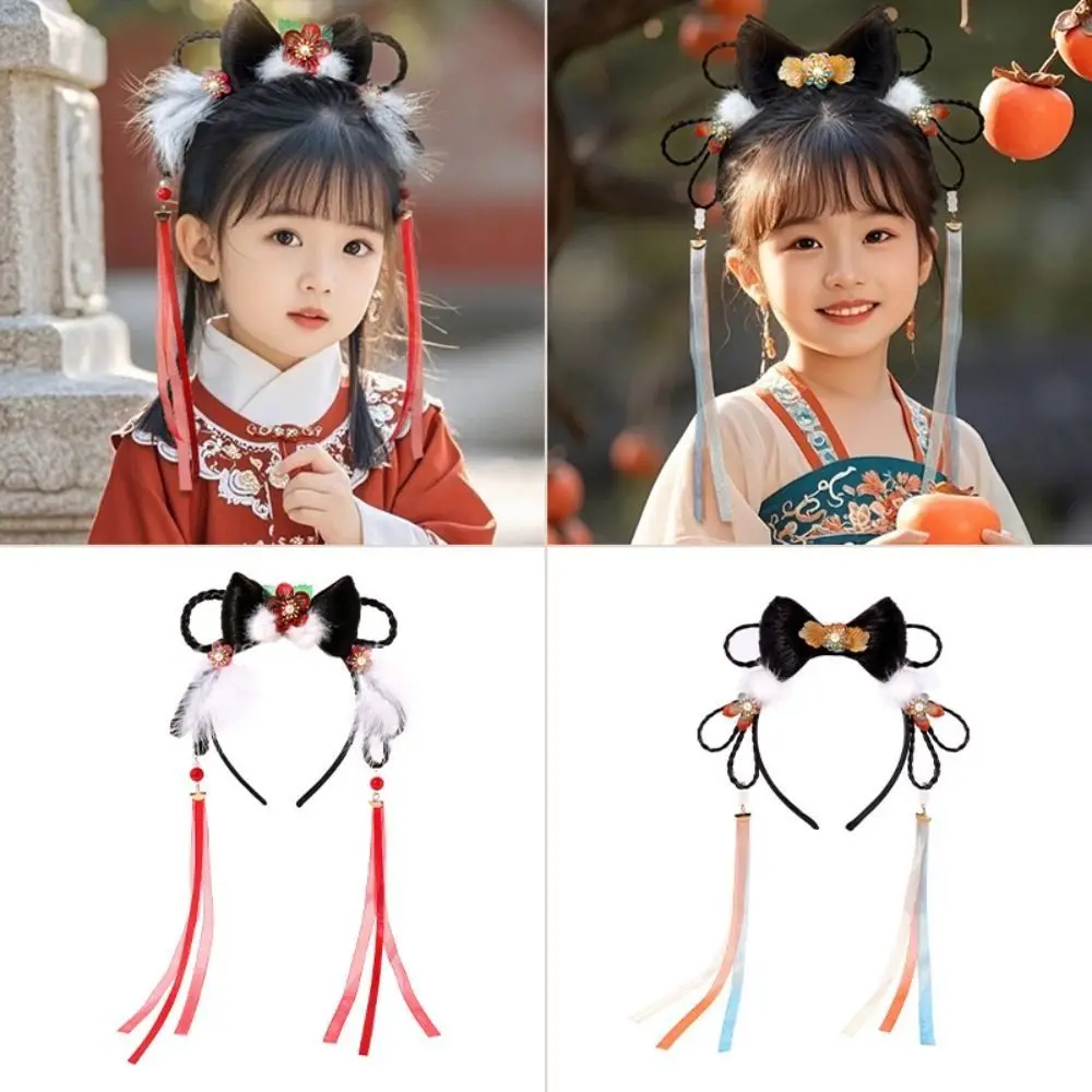 

All-match Flower Children Wig Headband Tassel Red Hanfu Headwear Braid Hair Ancient Style Bow Princess Hairband Children
