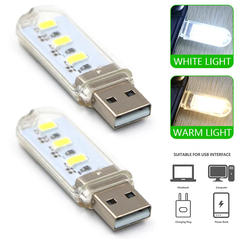 2PCS USB Night Light Mini LED Lamp 3LEDS Reading Book Light 5V 1W Eye Protection Energy Saving White/Warm White USB Lamp