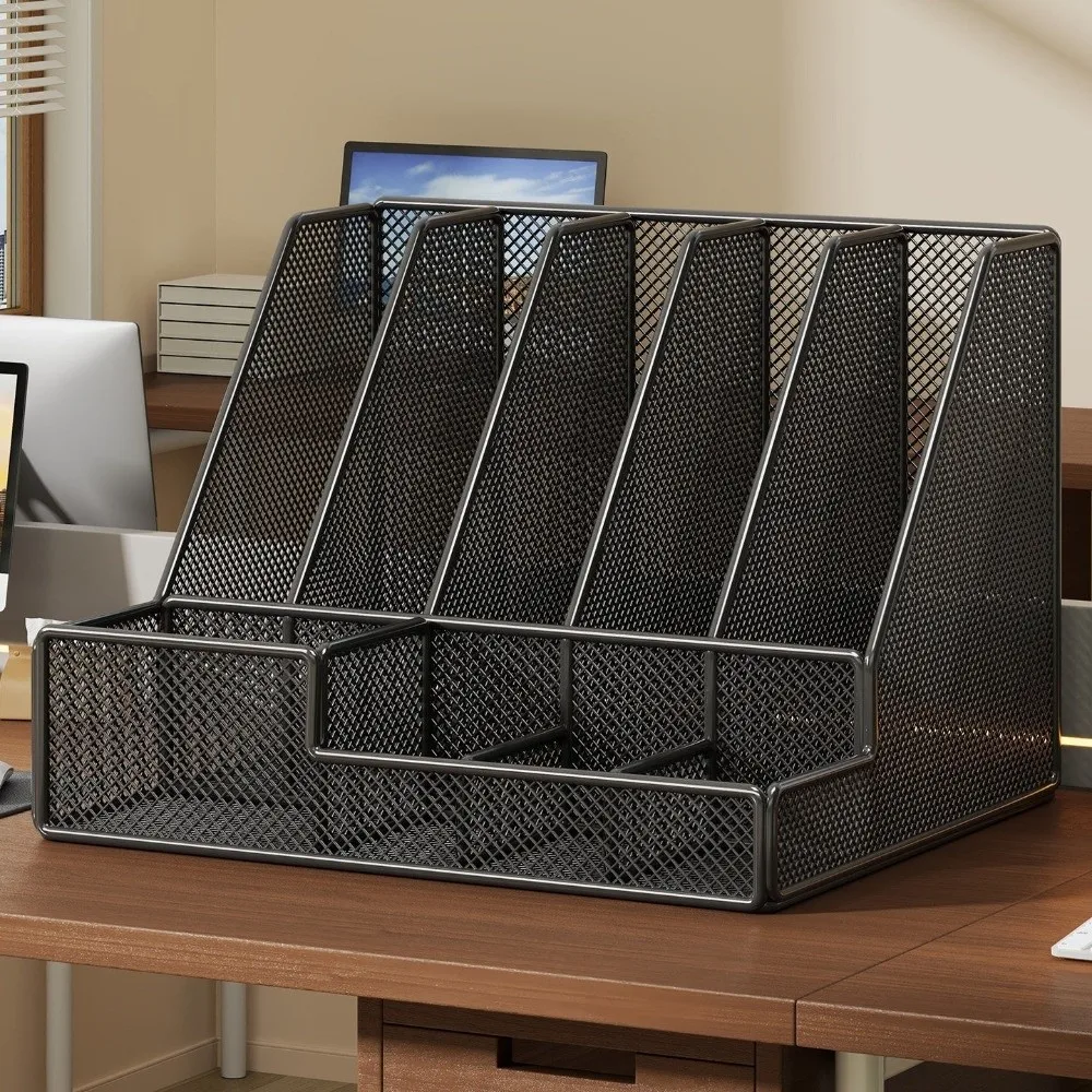 with Pen Holder Metal Desktop File Folder Multi-Compartment Organizer Space-Saving Document Storage Shelf 3 Or 4 Slot
