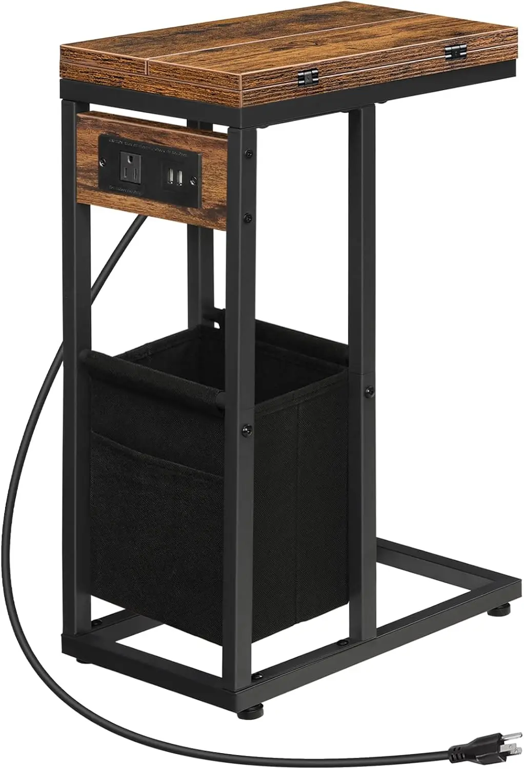

C-Shaped Side Table with Charging Station, Foldable Fabric Bag End Table for Small Spaces – Rustic Brown & Black