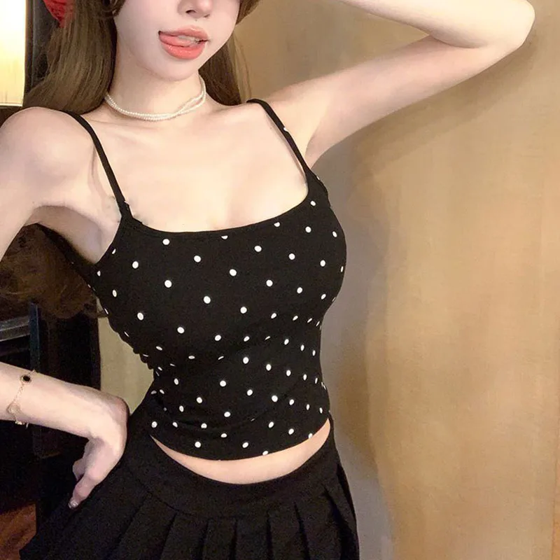 Women Camisole U-neck Polka Dot Pattern Backless Fixed Chest Cushion High Elasticity Slim Solid Color Simple Versatile Short Top