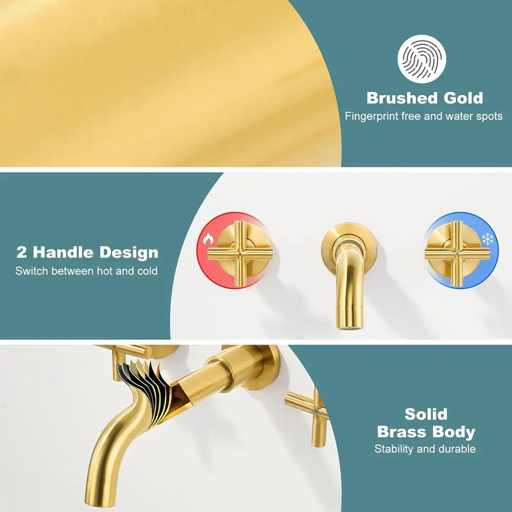 Rubinetto per lavabo a parete con montaggio a parete in oro spazzolato a 2 maniglie con valvola in ottone