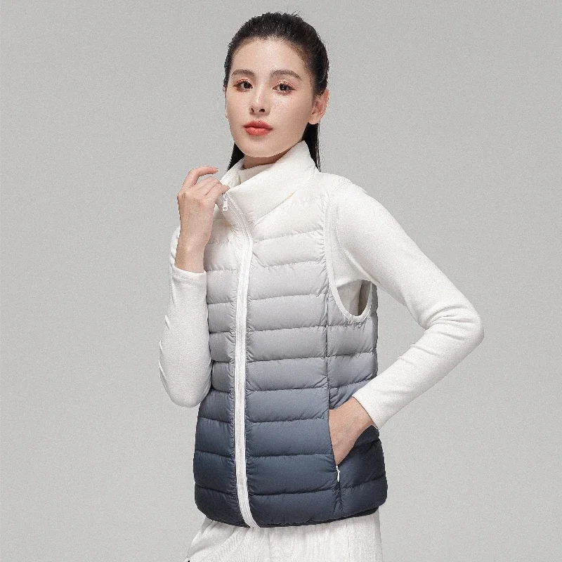 Women Fashion Gradient Ultra Light Down Vest 2022 Spring/Autumn New Female Stand Collar Slim Fit Sleeveless Puffer Jacket