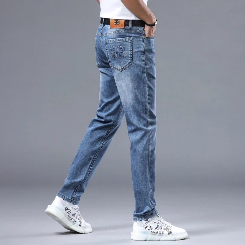 2024 new light luxury high-end personalized embroidery Slim small straight leg pants men\'s stretch versatile casual jeans