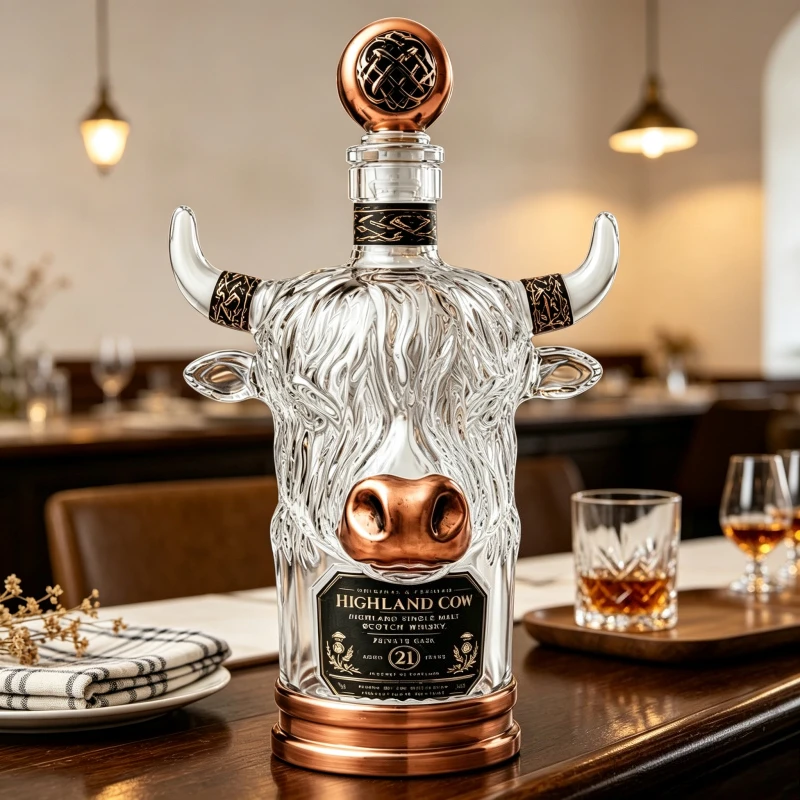Carafe à whisky en verre en forme de vache des Highlands avec bouchon, design vintage de taureau, récipient à liqueur pour la décoration de bar à domicile, cadeau