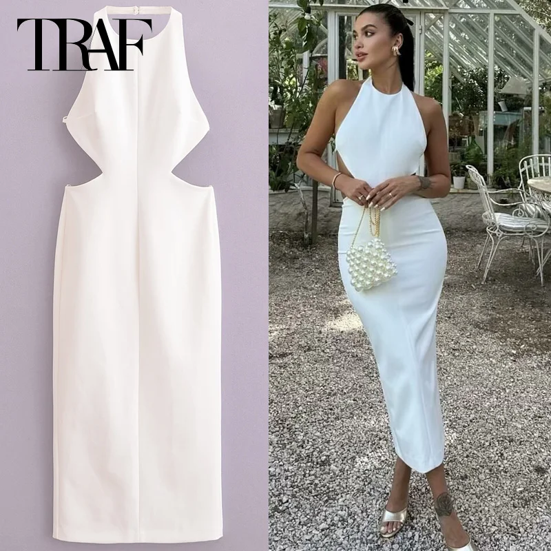 TRAF-Robe mi-longue évidée pour femme, licou blanc, coupe couvertes, dos nu, robes élégantes et belles, été, 2024