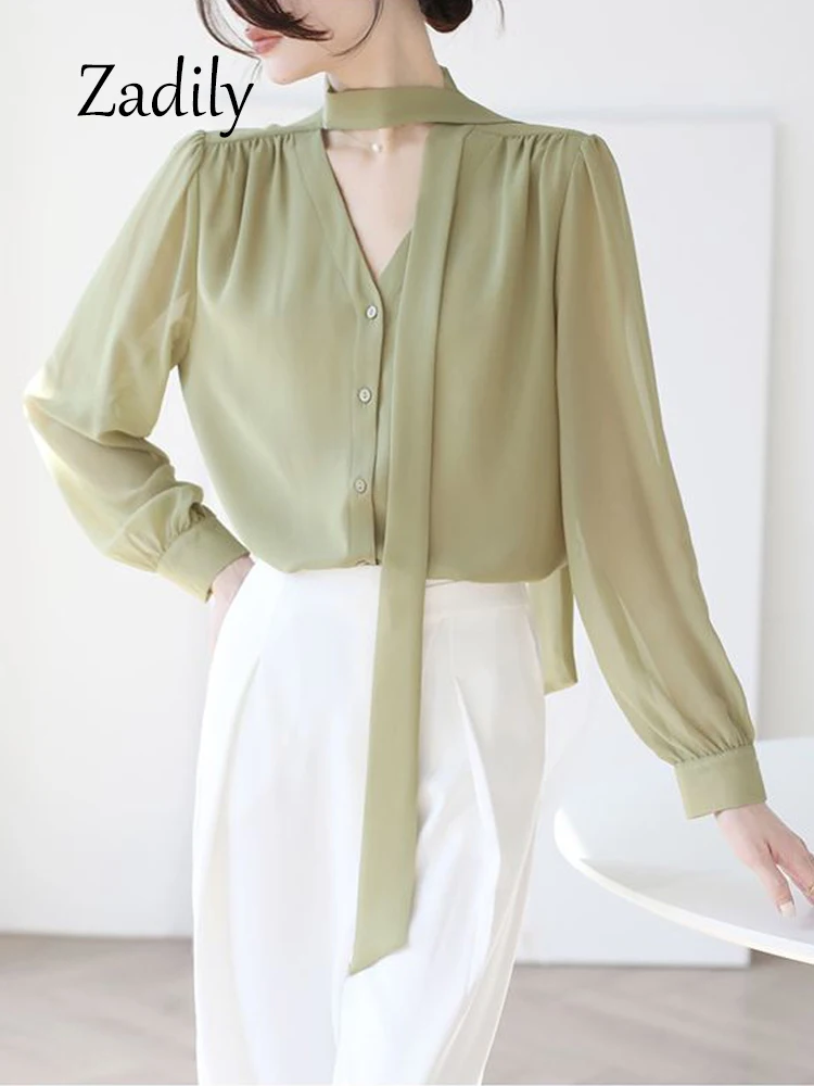 Zadily 2024 Summer Office Lady Women Chiffon Shirt Korea Style Bandage Button Up Ladies Blouse Long Sleeve Transparent Tunic Top