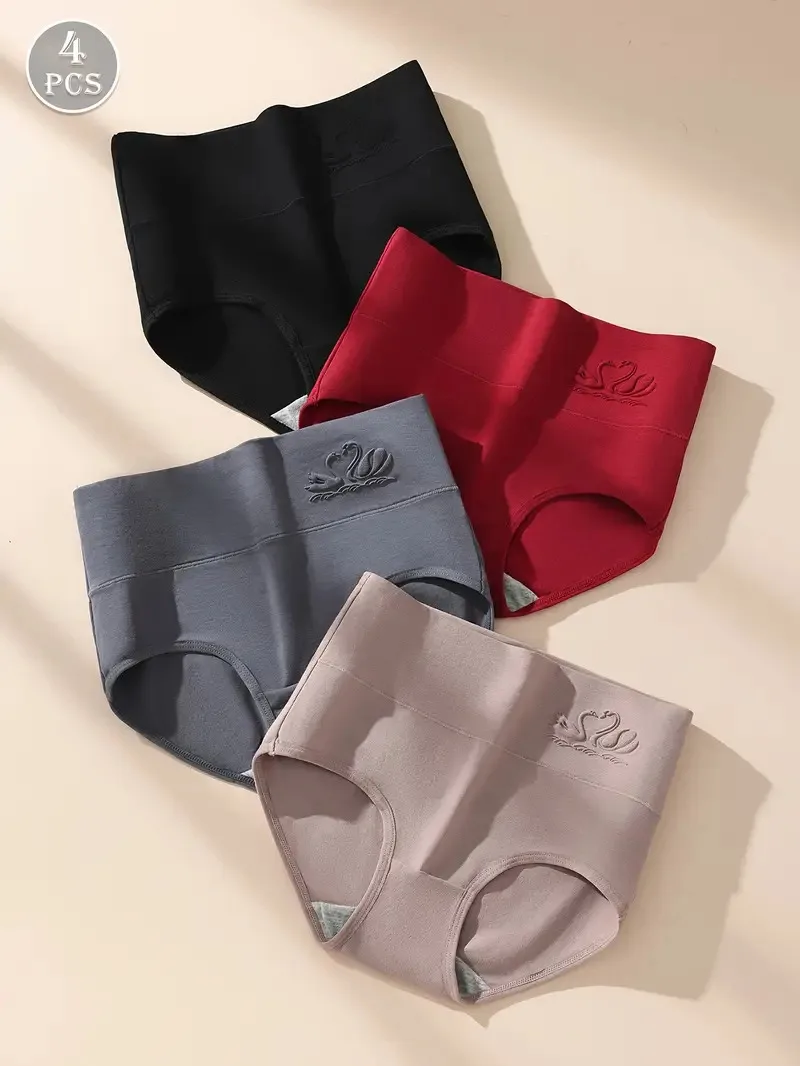 4 Stück Baumwoll-Damenslips mit Hoher Taille, Figurformende Übergrößen-Unterwäsche, Atmungsaktive Einfarbige Schlankheits-Slips für Damen