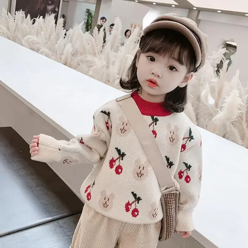 Autumn and Winter Girls' Pullover Round Neck Patchwork Printing Screw Thread Loose Fashion Casual Elegant Long Sleeve Sweater