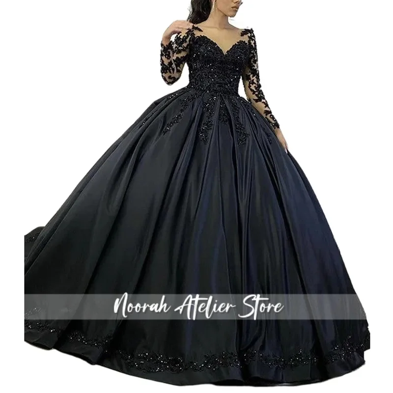 Vestido de novia gótico negro, vestidos de novia con Apliques de encaje, mangas largas con cuentas, vestido de novia de satén transparente con cuello en V, corsé trasero Vintage Pl