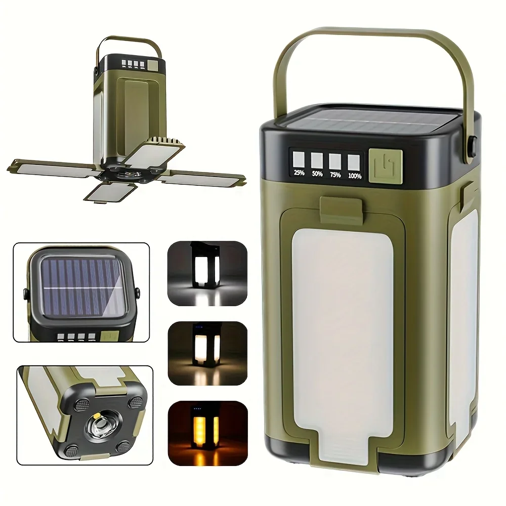 Outdoor Solar Light Type-C Rechargeable Flashlight Portable Power Bank Lamp LED Hanging Tent Light for Camping Hiking Fishing