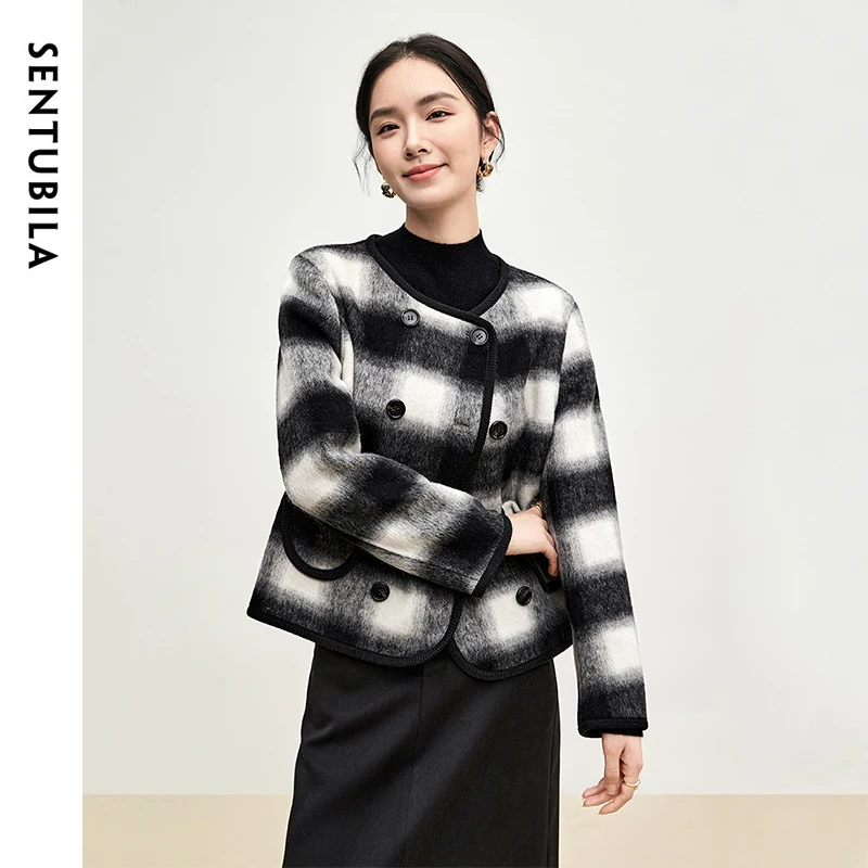 

SENTUBILA Plaid Woolen Coat Women 2024 Winter Fashion Straight Loose Fit Double Breasted Crew Neck Warm Outwear W44O56114