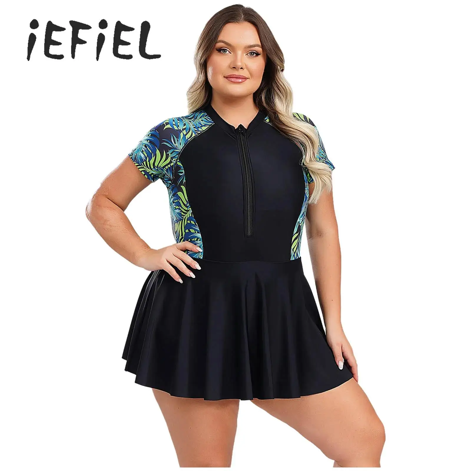 One Piece Floral Swimwear Swim Suit Women Sleeveless V-Neck Tummy Control Swimdress Zip Front Tropical Plant Bathing Suit