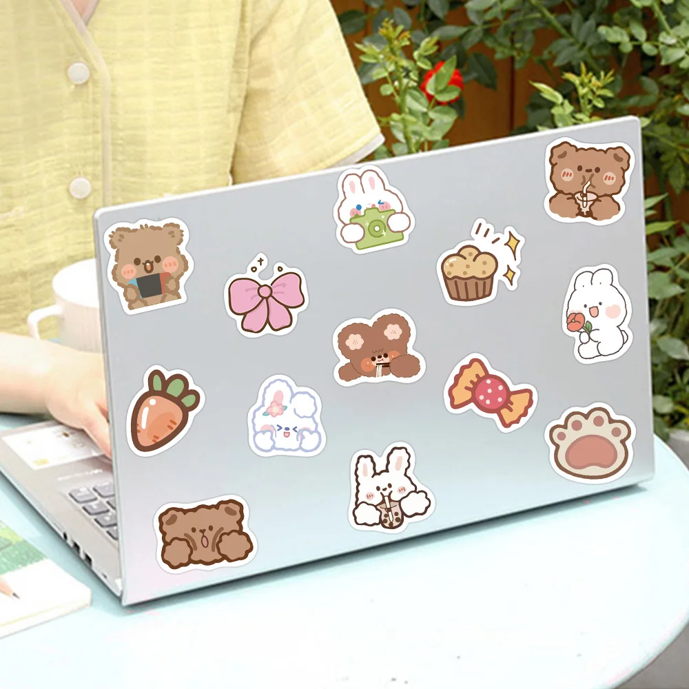 90PCS Cartoon White Bunny Rabbit Brown Bear Sticker Laptop Guitar Motorcycle Luggage Skateboard Kids Toy Stickers