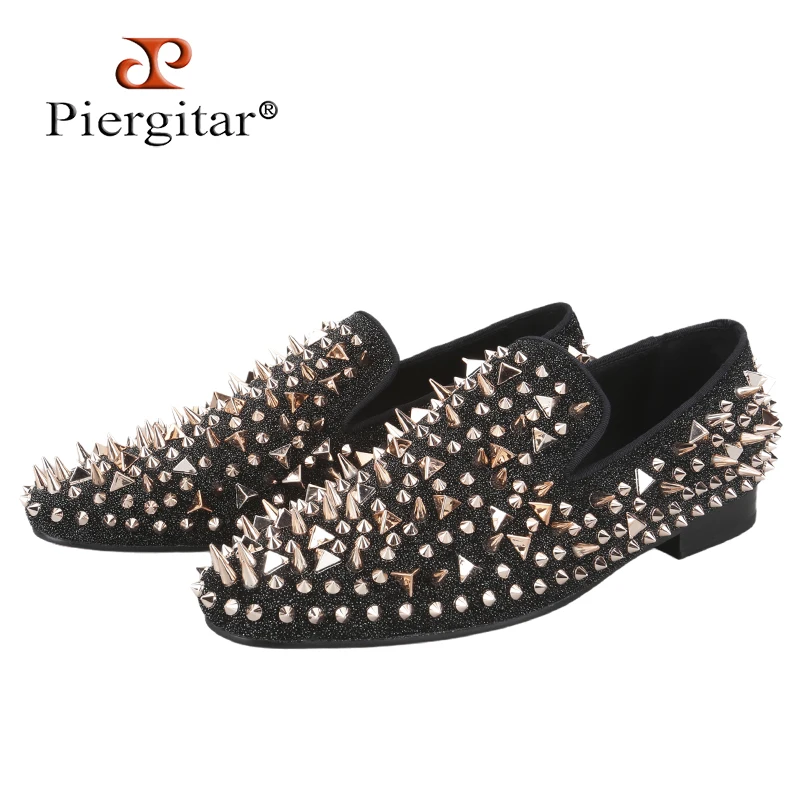 Piergitar Black Cow Leather Men Slip-On Shoes With Handmade Rose Gold Spiked Design Fashion CL Brand Same Red Bottom Loafers