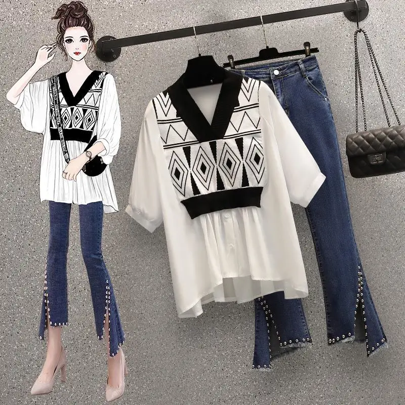 

Summer New Woman Fashion Pants Suit Female Pleated Chiffon Shirt Blouse Jeans Two-piece Set Female Casual Trousers Tracksuit G24