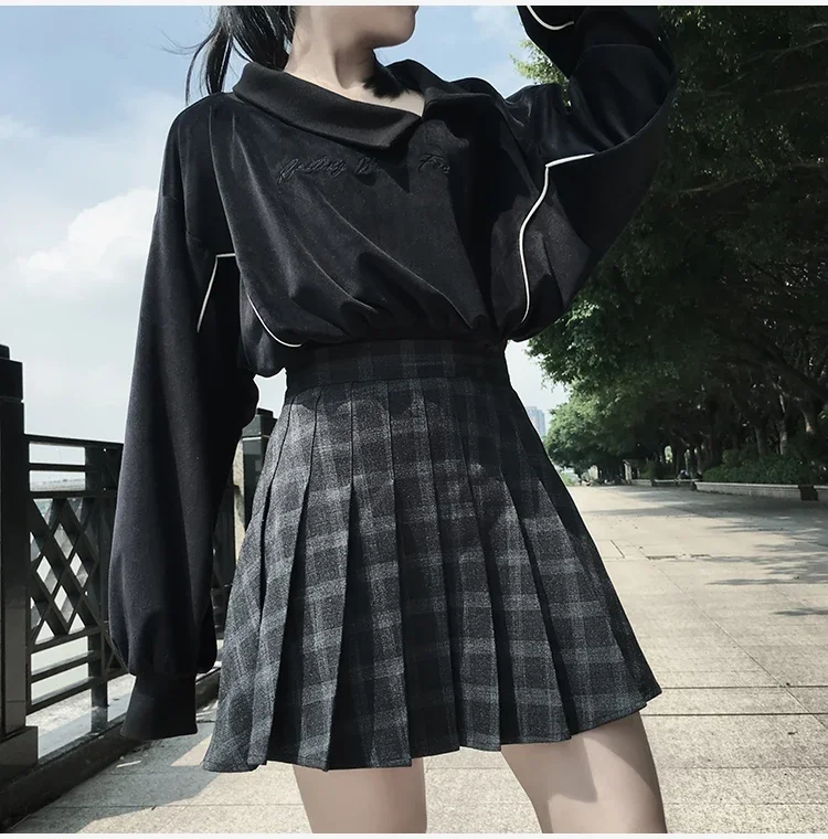 Ruibbit New Spring Autumn Harajuku Gothic Black Gray Plaid Skirts Shorts Women'S Pleated Skirt Short Punk Girl'S Skirt Short