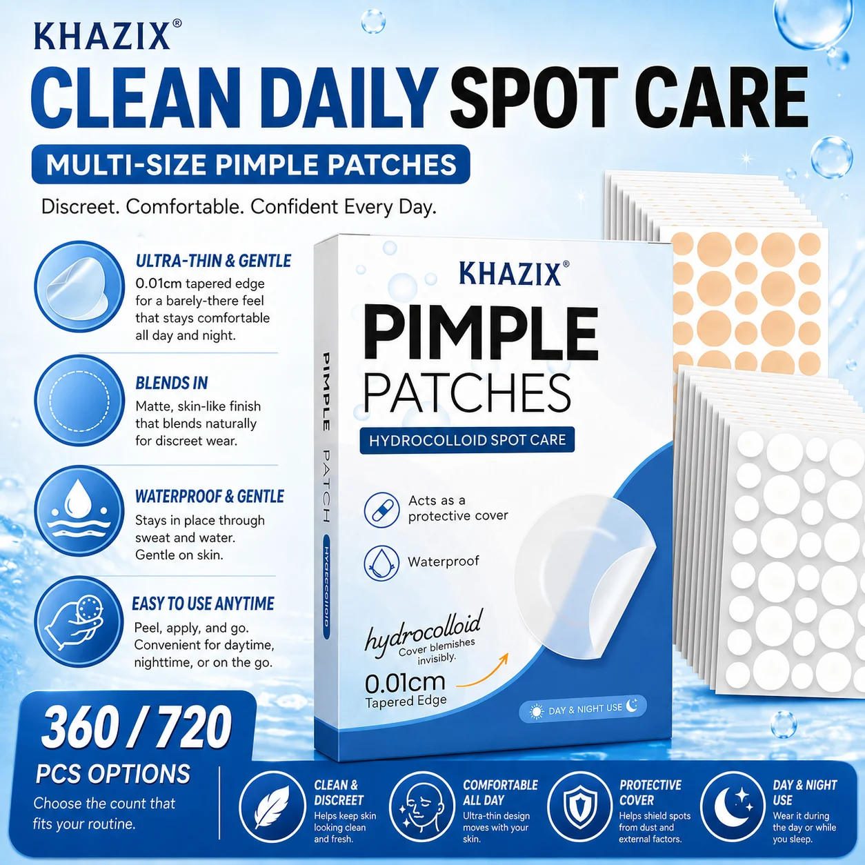 KHAZIX 360/720PCS Hydrocolloid Pimple Patches, Invisible Blemish Covers, Ultra-Thin Breathable Waterproof Face Stickers