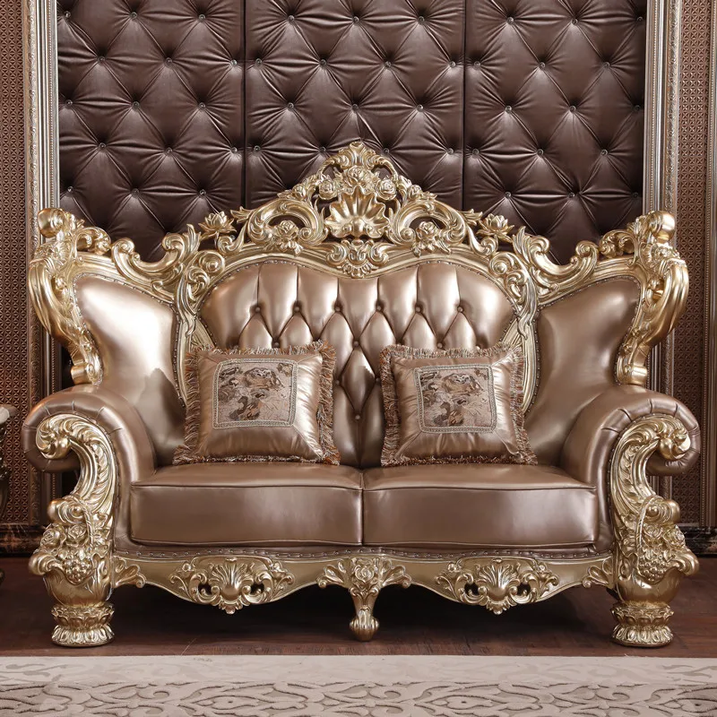 European-style Luxury Leather Sofa Combination Solid Wood Carved Hotel Villa High-end Champagne Color Living Room Furniture