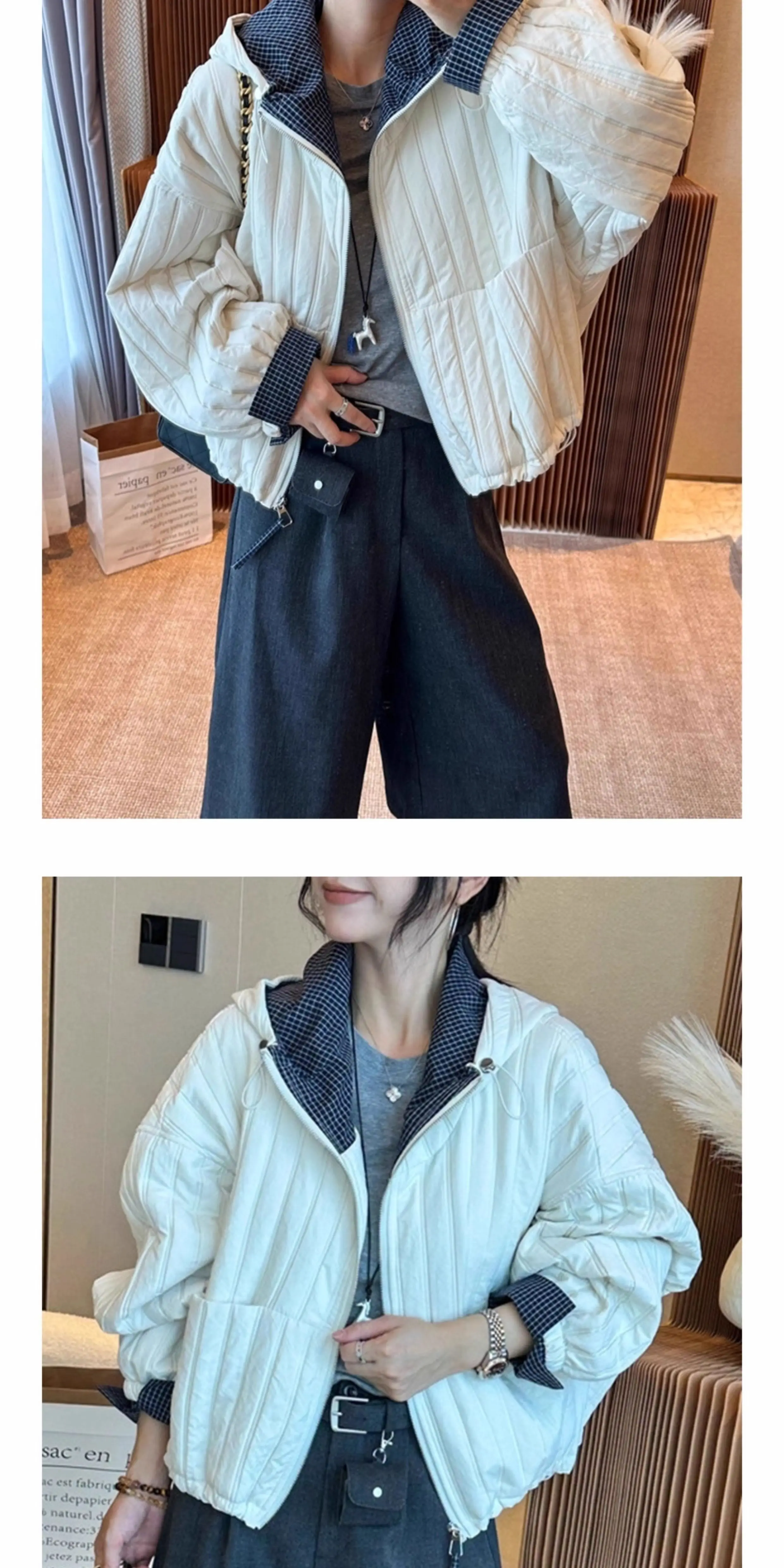 Korean Loose Hooded Plaid Patchwork Quilted Coat for Women Autumn Winter Casual Cotton Padded Jacket Women Zip Up Cropped Parkas