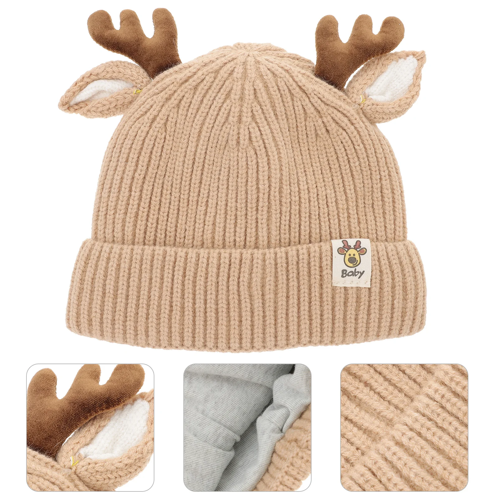 

Children Thickened Knit Khaki Antlers Warm Wool Baby Hat Suitable for 3-24 Months Kids Warm Knit Hat Autumn Winter Baby Gift