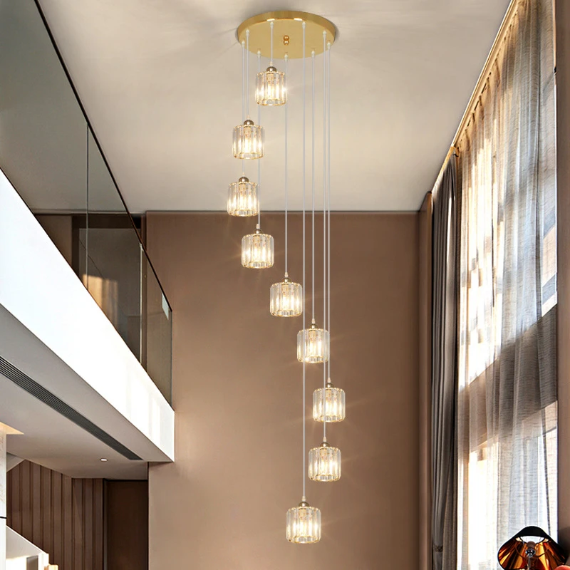 Modern Dining Room Staircase Long Pendant Lights Minimalist Villas Duplex Building Hanging Lamp Rotating Loft Crystal Chandelier