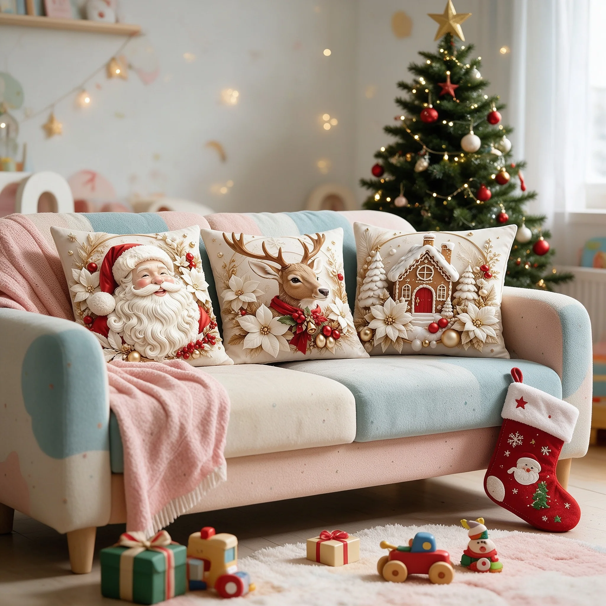 4pcs Merry Christmas 2D Flat Pillowcase Christmas tree Santa Claus Pillow Cover 45*45cm Living Room Sofa Xmas Party Decor