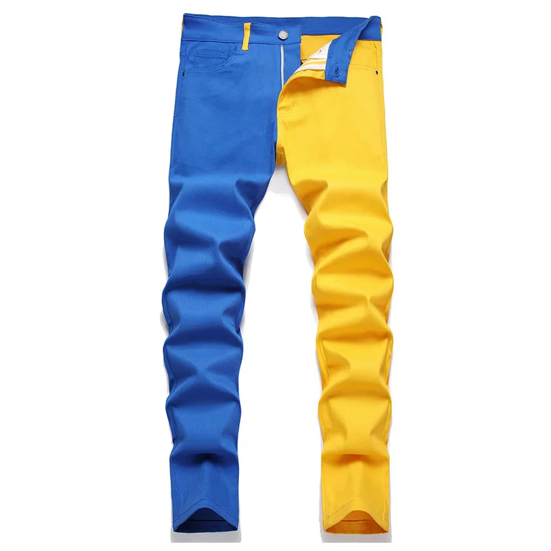 Mcikkny Men Fashion Casual Jeans Pants Color Block Patchwork Denim Trousers Slim Fit