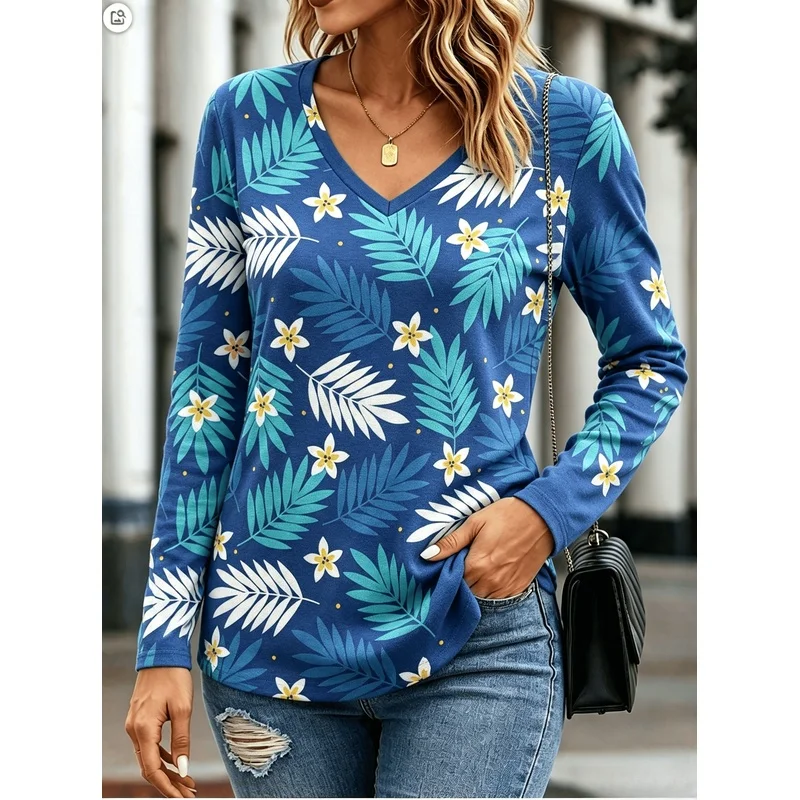 Women Plus Size V Neck Long Sleeve Tee With Botanical Urban Architecture Print Casual Fall Winter Top Machine Washable Layering